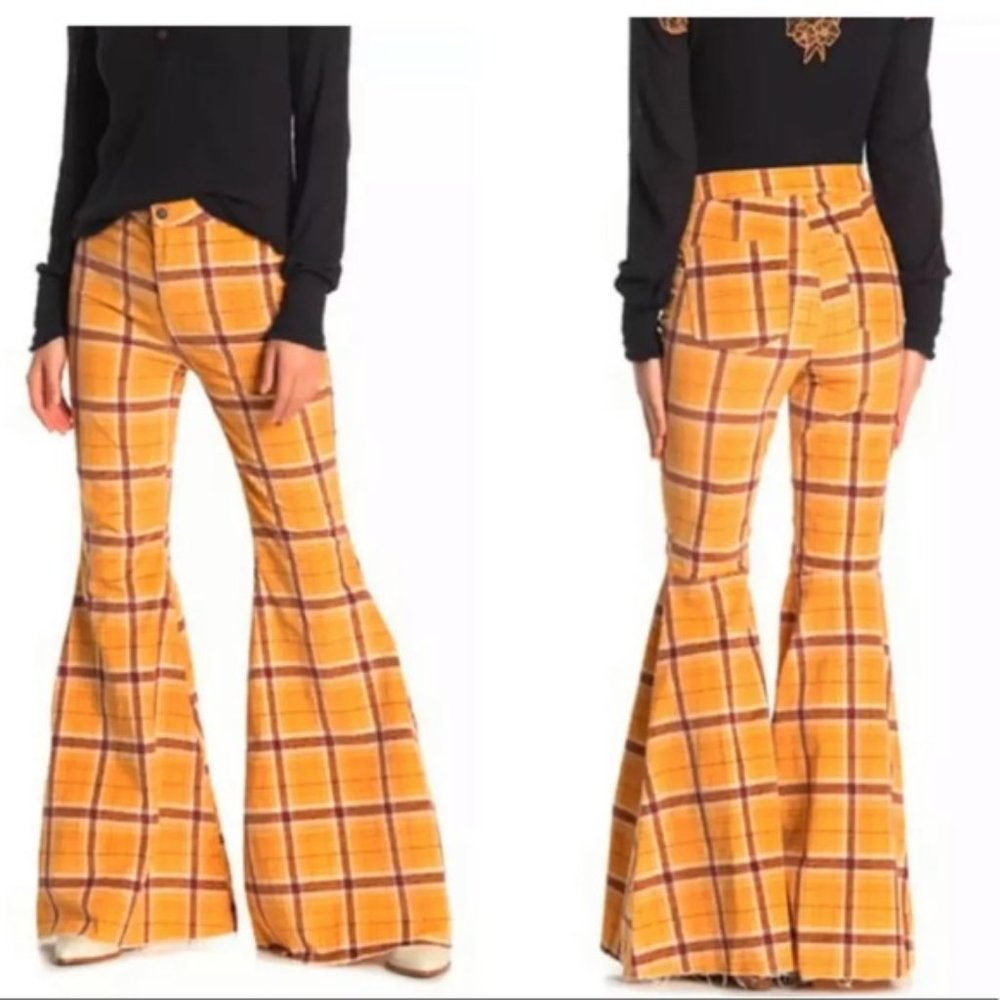 Free People Just Float On Yellow Plaid Jeans 29 NWT - Picture 2 of 7